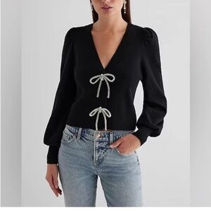 NEW EXPRESS Bow V Neck Embellished Cardigan Black Sweater Sz XS